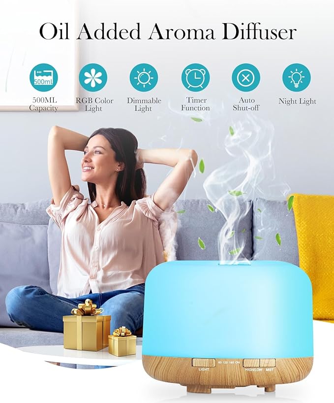Essential Oil Diffuser 500ml-Humidifier,Aroma Diffuser for Home with 7 Colors Light,Remote Control Air Diffuser for Large Room,Bedroom,Office(Light Wood)