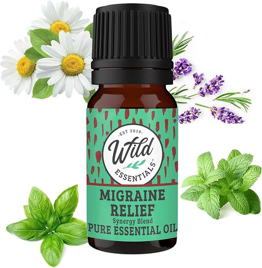 Wild Essentials Migraine Relief 100% Pure Essential Oil Synergy Blend 10ml, Formula for migraine Headaches, Tension, Congestion, stuffy Nose, Cold, M-Grain, Made in USA