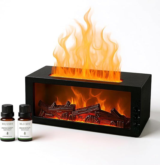 Fireplace Flame Diffuser & Humidifier with 2 Essential Oils – 4-in-1 Ultrasonic Aroma Mist Maker with Remote, 7-Color LED Flame Light, Auto Shut-Off, Quiet & Safe for Home, Bedroom, Office (Black)