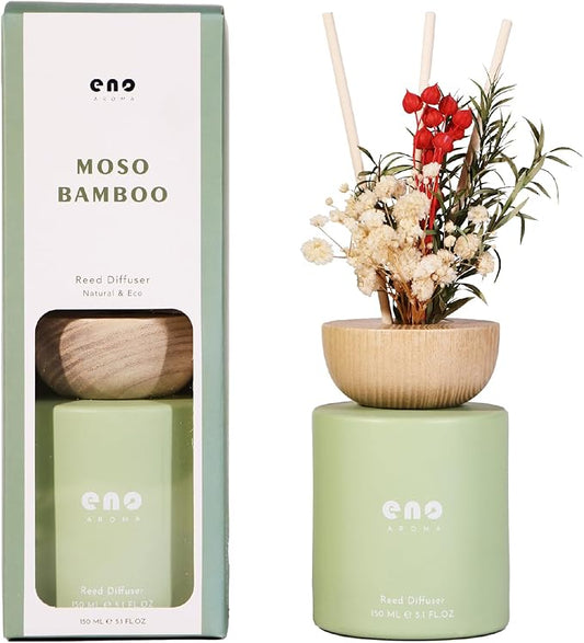 Reed Diffuser Set with Dried Flowers, 5.1oz Essential Oil Home Fragrance, Long Lasting Air Freshener for Bathroom Shelf Decor, Housewarming Gift, Moso Bamboo Scent