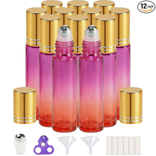 PrettyCare 12 Pack, 10 ml Essential Oil Roller Bottles with Stainless Steel Roller Ball - Refillable Leak-proof Empty Thick Red & Purple Glass Roll on Bottles with Golden Caps for Travel, Perfume
