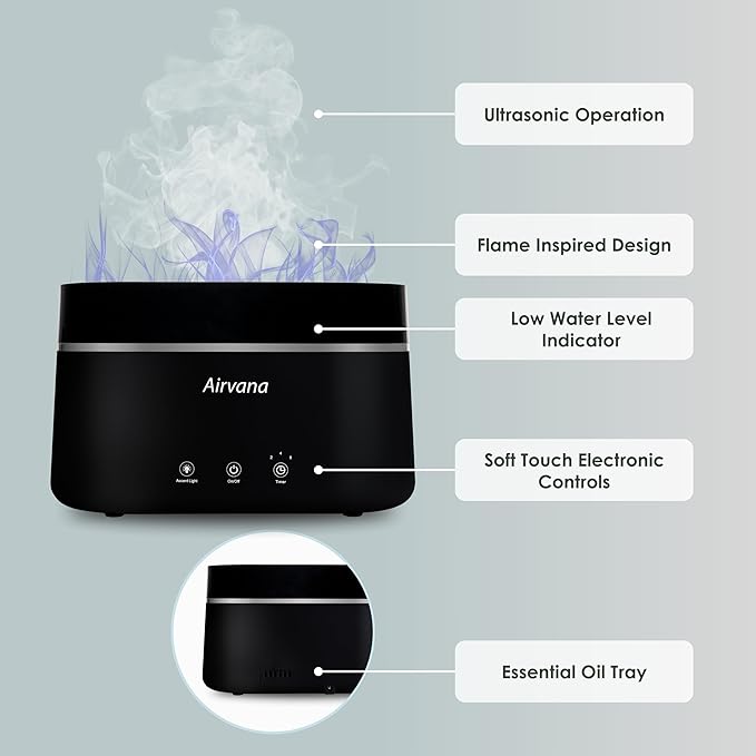 Airvana AquaFlame Ultrasonic Humidifier (.75L / .20 Gal) - Vibration Technology Humidifier with Essential Oil Diffuser – Tabletop Design for Personal Use, Dorm Rooms, & Desks - Taupe