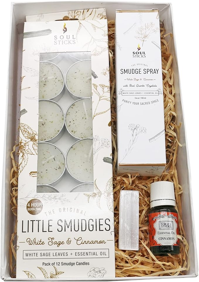 SOUL STICKS Aroma Smudge Kit | Gift Set with Little Smudgies Candles, Smudge Spray, Essential Oil and 2 Selenite Wand in White Gift Box (Cinnamon)
