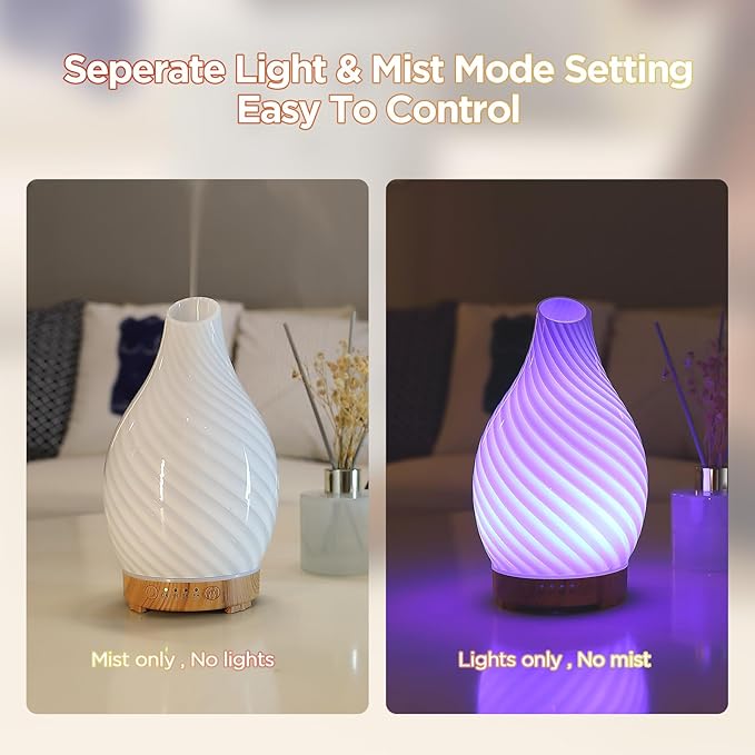 INRORANS Art Glass Essential Oil Diffuser - 160ml Ultrasonic Cool Mist Scent Aroma Aromatherapy Diffuser, Intermittent with Auto Shut-Off Timer Setting &7 Colors Night Light for Home -Ethereal Time