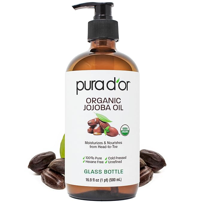 PURA D'OR ORGANIC Jojoba Oil (16.9 Oz GLASS BOTTLE) USDA Certified - 100% Pure & Natural Moisturizer - Cold Pressed, Unrefined, Hexane Free Base Carrier Oil For DIY Skin Care, Hair, Face & Nails