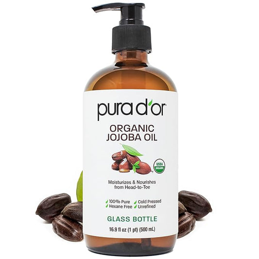 PURA D'OR ORGANIC Jojoba Oil (16.9 Oz GLASS BOTTLE) USDA Certified - 100% Pure & Natural Moisturizer - Cold Pressed, Unrefined, Hexane Free Base Carrier Oil For DIY Skin Care, Hair, Face & Nails