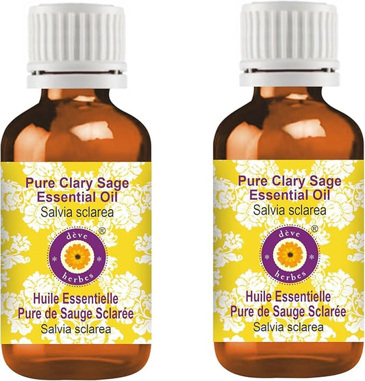 Deve Herbes Pure Clary Sage Essential Oil (Salvia sclarea) Steam Distilled (Pack of Two) 100ml X 2 (6.76 oz)