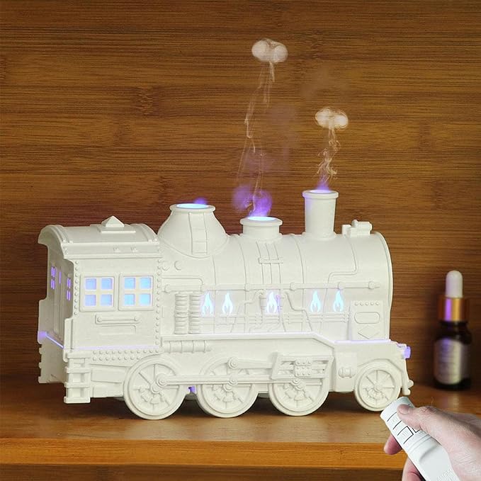 Vintage Steam Train Aromatherapy Essential Oil Diffuser Humidifier,300ML Train Diffusers for Essential Oils with Remote with Dual-Color LED Light,Ultra-Quiet and Auto Shut-Off for Home Office (White)