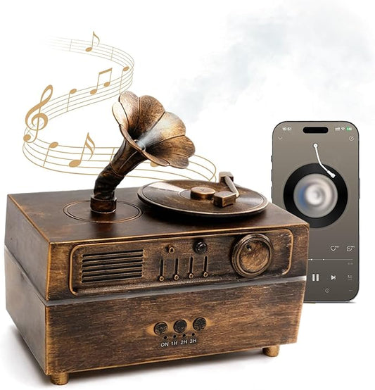 Daroma Essential Oil Diffuser, Retro Phonograph Design with Music Player, 7-Color LED Lights, Low-Noise Aromatherapy Humidifier for Home Office, Unique Gift Idea (Bronze)
