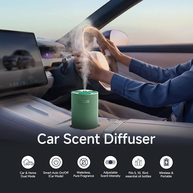 Waterless Cordless Essential Oil Aromatherapy Diffuser - Dual Home/Car Mode with Auto Start-Stop, Strong/Light Scent Adjustment, Air Freshener for Office, Car, Compatible with 5/10/15ml Bottles