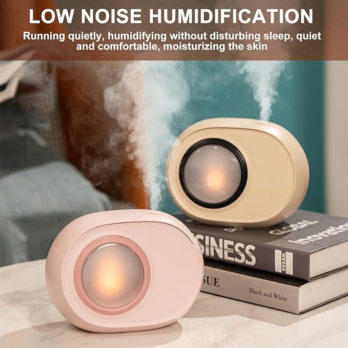 Humidifier for Bedroom, 400ml Desktop Fog Humidifiers, Essential Oil Diffuser with Dynamic Candlelight Flame Lamp, Suitable for Home, Travel & Plant Intelligent Anti Dry Burning Humidifier (Beige)