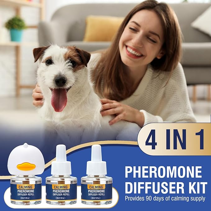 Dog Pheromone Calming Diffuser 4 in 1 Appeasing Pet Pheromones Diffuser to Calm Kit (Plug in+ 3 Pack 48ml Refill) for Anxiety Relief Reduce Barking Aggression Fighting Stress