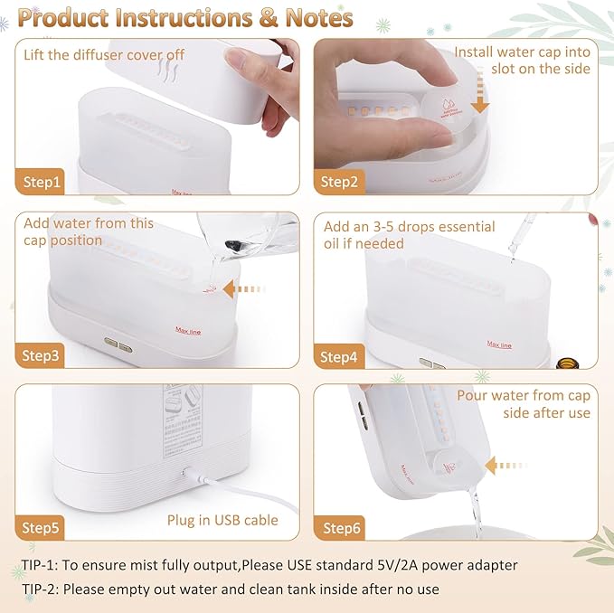 Flame Diffuser Humidifier-Auto Off 180ml Essential Oil Diffuser-2 Modes Brightness Aroma Humidifier with Fire Flame Effect for Home,Office,Spa,Gym(White)…