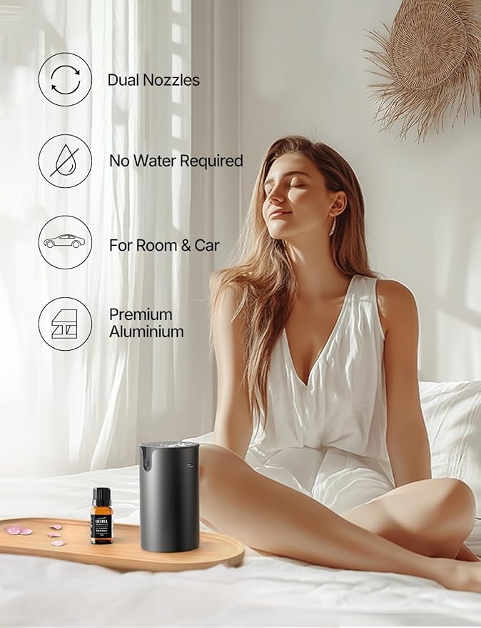 Waterless Essential Oil Diffuser, Portable Dual Nozzle Aromatherapy Diffuser, Rechargeable Mini Scent Machine, 1/3/6H Auto-Off Timer, 3 Mist Levels & No-Leak Tech for Home, Car, Office, Premium Metal