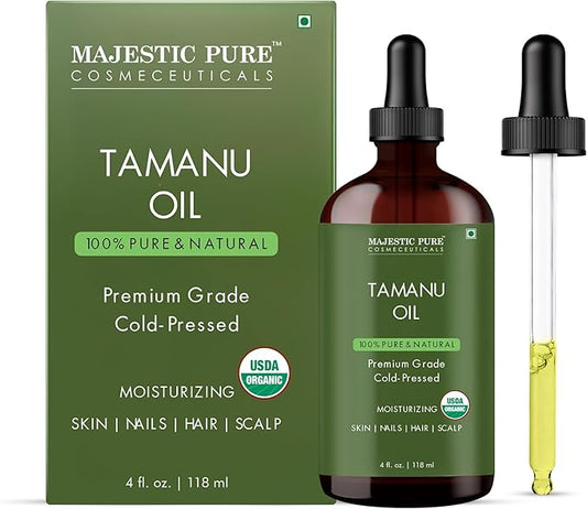 Majestic Pure Tamanu Oil 4 oz - 100% Pure & Natural - USDA Certified - Cold Pressed Carrier Oil for Face, Body, Lips, Nails, Shampoo & Conditioner