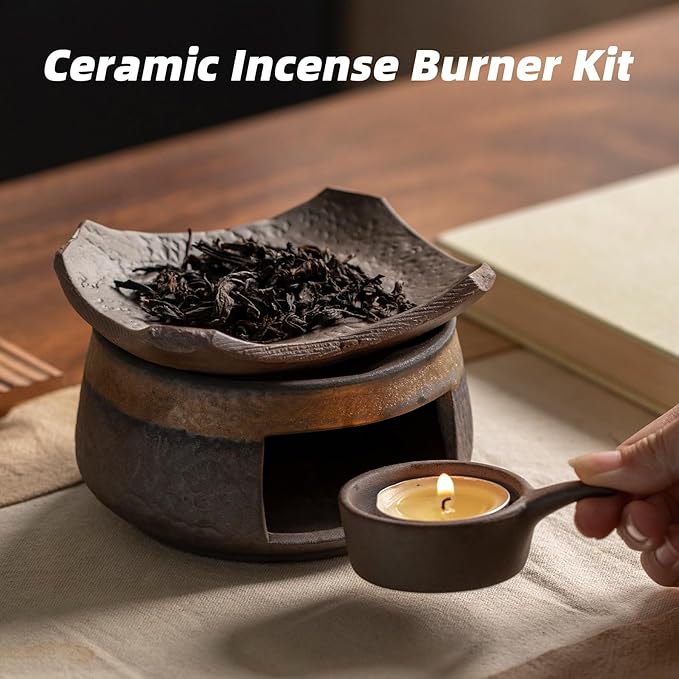 Cedar Aromatherapy Burner & Ceramic Oil Warmer for Home & Office (Heat-Resistant Tile Baking Tray + Stone-Patterned Oven + Old elm Wood mat + Accessories)