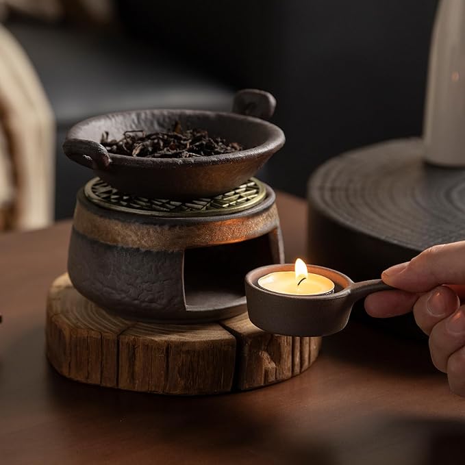 Cedar Aromatherapy Burner & Ceramic Oil Warmer for Home & Office (Heat-Resistant Double-Handled Baking Tray + Stone-Patterned Oven + Old elm Wood mat + Accessories)
