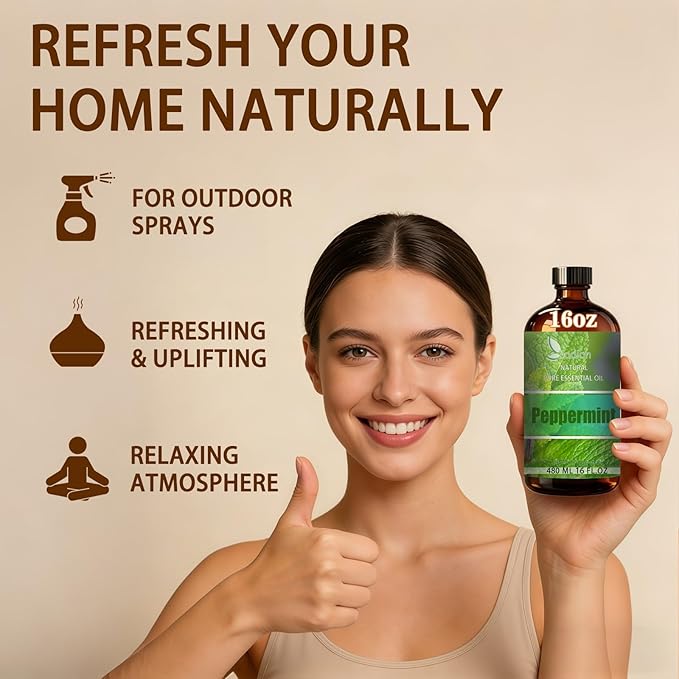 Peppermint Essential Oil, 16 fl oz (480ml) - ZODION Peppermint Fragrance Oil for Diffuser, Massage, Humidifier, DIY Candle, Soap Making, Home, Bath, Yoga
