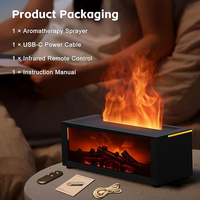 Fireplace Flame Air Diffuser Humidifier, Fireplace Flame Oil Diffuser 7 Colors Aromatherapy Essential Oil Diffuser,Ultrasonic Aroma Humidifier with Timer for Home,Bedroom,Office,Yoga (Black)