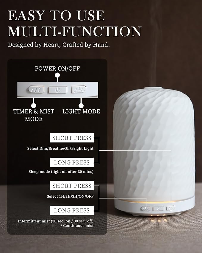 Onaboviva Essential Oil Diffuser - 2.4MHz Ultrasonic Ceramic Diffuser for Home, 120ml, Pulse&Continuous Mist, Bright/Dim/Breathing Lighting, Waterless Auto-Off, Aromatherapy Diffuser with USB Cable