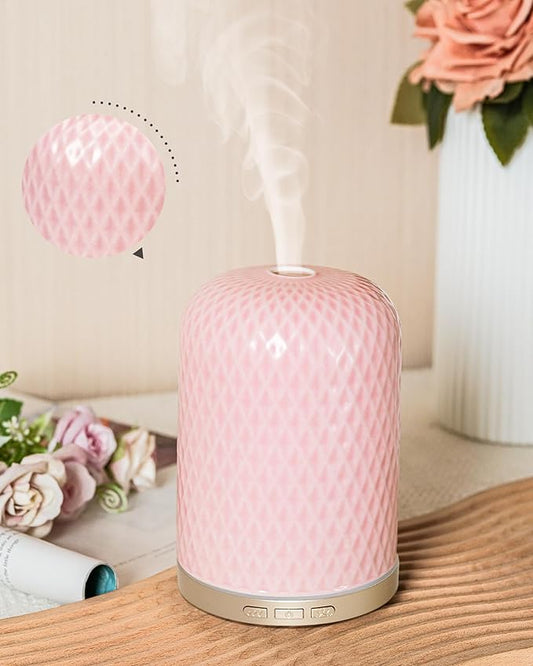 Onaboviva Essential Oil Diffuser -2.4MHz Ultrasonic Pink Ceramic Diffuser for Home,120ml, Pulse&Continuous Mist, Bright/Dim/Breathing Lighting, Waterless Auto-Off, Aromatherapy Diffuser with USB Cable