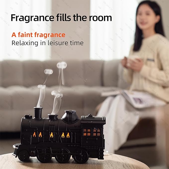 300ML Train Humidifier, Train Diffusers for Essential Oils, 2 Color LED Vintage Steam Christmas Train Aromatherapy Diffuser, 2 Dual Mist Modes Train Cool Mist Air Aroma Humidifier (Black)