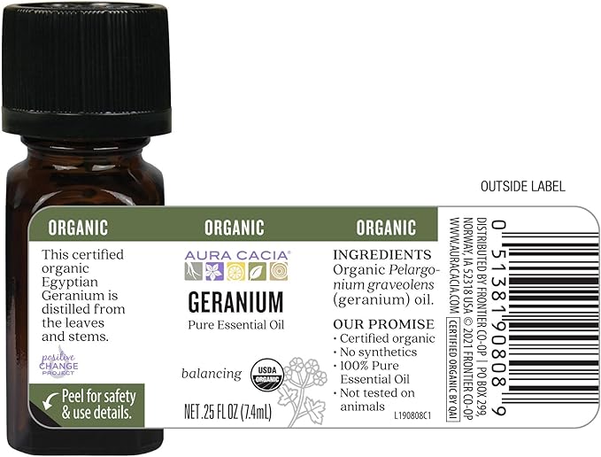 Aura Cacia 100% Pure Geranium Essential Oil | Certified Organic, GC/MS Tested for Purity | 7.4 ml (0.25 fl. oz.) | Pelargonium graveolens