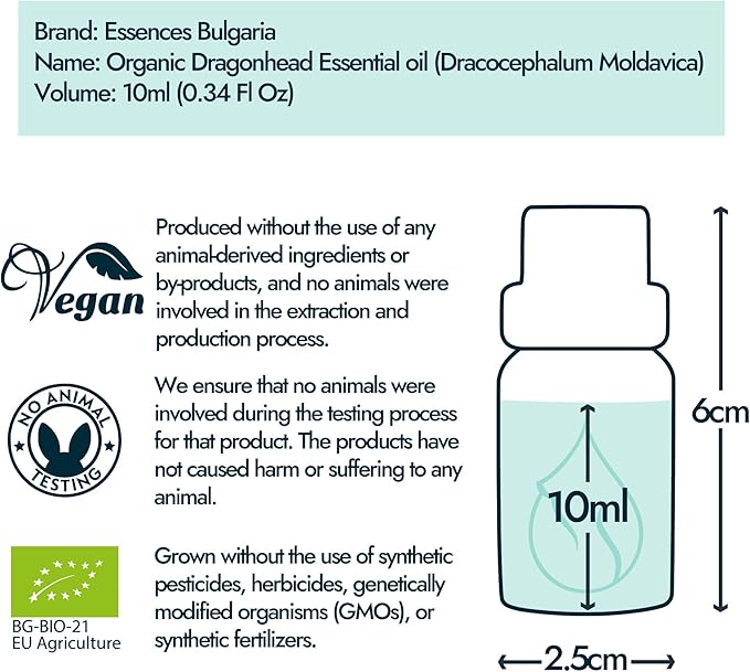 Essences Bulgaria Moldavian Dragonhead Essential Oil 1/3 Fl Oz | 10ml | Dracocephalum Moldavica | 100% Pure and Natural | Undiluted | Therapeutic Grade | Family Owned Farm | Steam-Distilled | Non-GMO