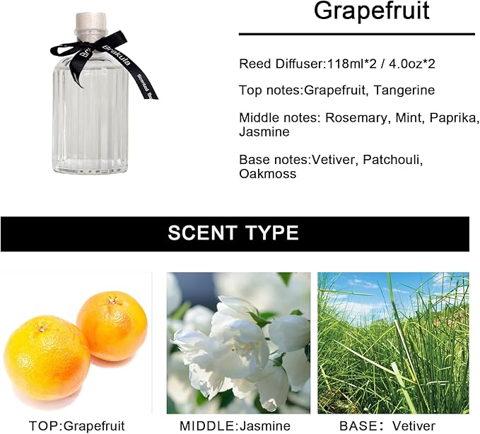 Brakula 2 Pack Fragrance Reed Diffuser, 118ML Grapefruit Diffuser Set with 10 Black Fiber Sticks, Air Freshener for Bedroom & Bathroom & Office Decor