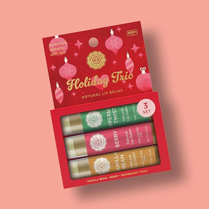 Holiday Stocking Stuffer Lip Balm Set: All-Natural Shea Butter, Beeswax, Coconut Oil, & Vitamin E Infused Lip Care (3 Pack, Holiday Trio)