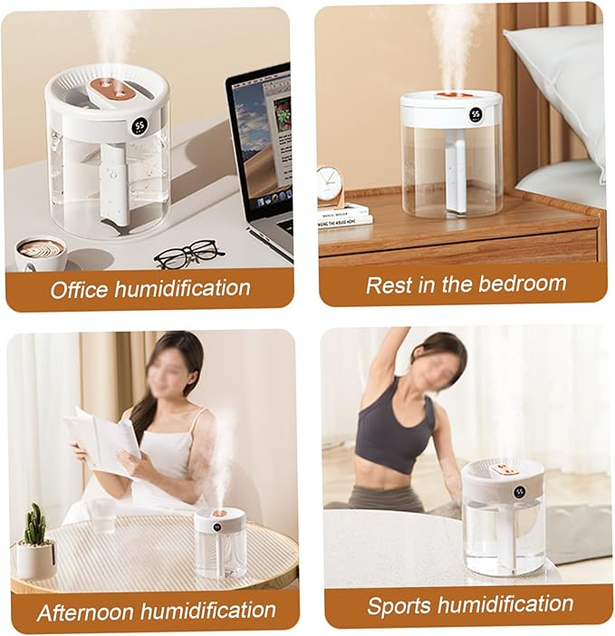 Air Humidifier with Humidity Display, 2L Mute Clear Cool Mist Diffuser with 3 Modes, Dual Spray & Light for Bedroom, Car, Baby Nursery, Office, Indoor Plants