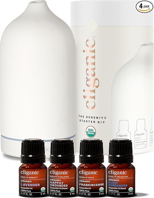Cliganic Serenity Essential Oils Starter Kit with Diffuser Set for Aromatherapy, Home & Office (White)