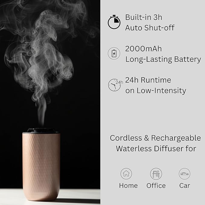 Waterless Essential Oil Diffuser – Portable Cordless Aromatherapy Diffuser for Home, Car, Office – 3 Mist Levels - 4 Timer Modes - 15ml Oil Capacity - USB-C Rechargeable