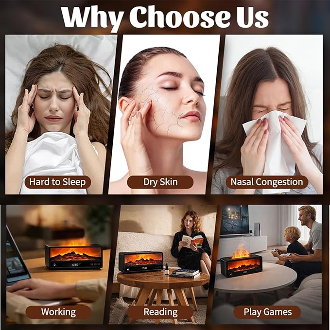 Fireplace Flame Humidifier, 250ml Cool Mist Diffuser with Remote Control, 7-Color LED Night Light, Quiet Aromatherapy Humidifier for Bedroom, Office & Gift (Black)