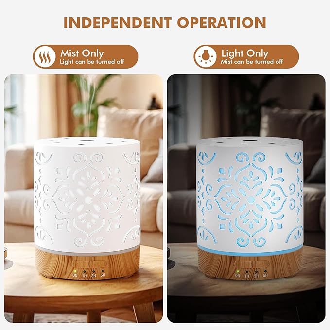 EQUSUPRO Essential Oil Diffuser 300ML Metal Aromatherapy Diffuser for Home with Auto Shut-Off & 4 Timers, Ultrasonic Humidifier with 7 Colors Lights for Large Room, Home Office Décor(White Flower)