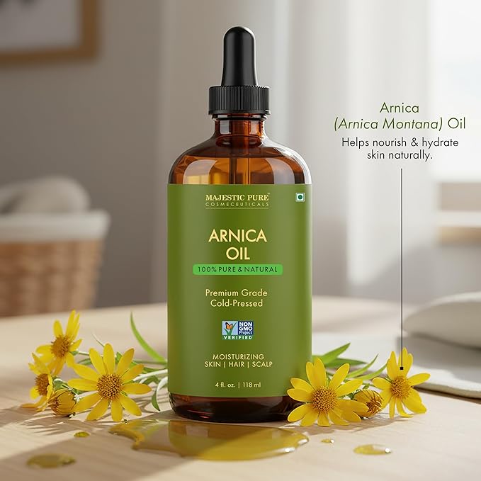 Majestic Pure Arnica Oil 4oz (118ml) Premium Carrier Oil with Dropper for Hair Care, Hair Oiling, Scalp Massage, & Skin Care