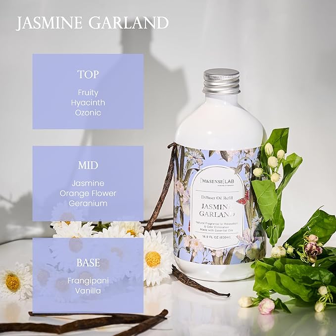 M&SENSE Jasmine Garland Scent Bundle - Reed Diffuser Oil Refill 16.9oz with 10 Sticks & Odor Eliminator Spray Natural Essential Oil Home Spa Office Pet Smoke Musty Smell Remover