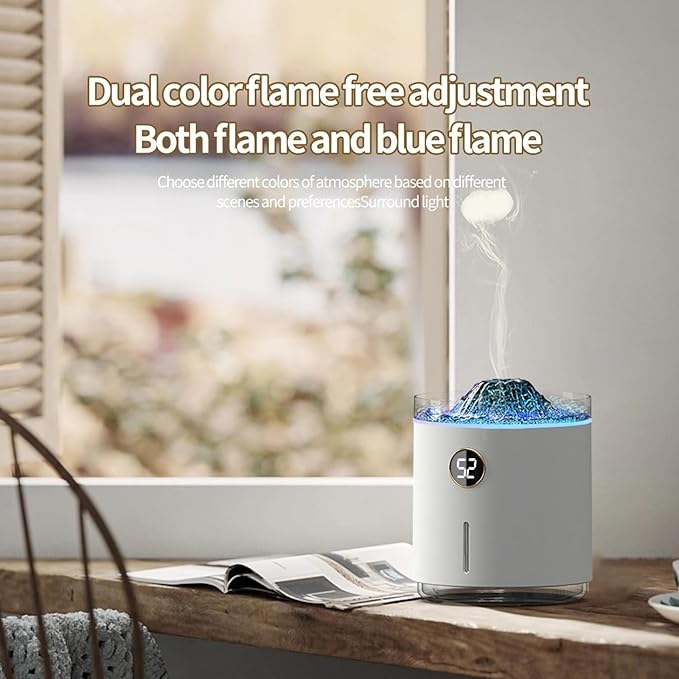 500ml large capacity digital flame jellyfish aromatherapy machine, volcanic flame mist ultrasonic cold mist diffuser, silent operation, suitable for bedrooms, offices, homes, gifts (White)