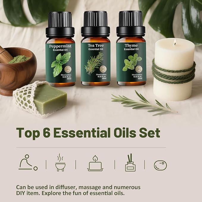 6 Pack Pure Essential Oils Set, Natural Eucalyptus, Peppermint, Tea Tree, Rosemary, Thyme, Vetiver for Aromatherapy Diffuser, Humidifier, Skin & Hair Care, Candle & Soap Making, 6x10ml Mumianhua