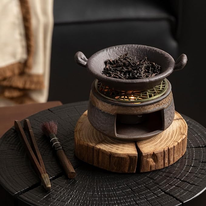 Cedar Aromatherapy Burner & Ceramic Oil Warmer for Home & Office (Heat-Resistant Double-Handled Baking Tray + Stone-Patterned Oven + Old elm Wood mat + Accessories)