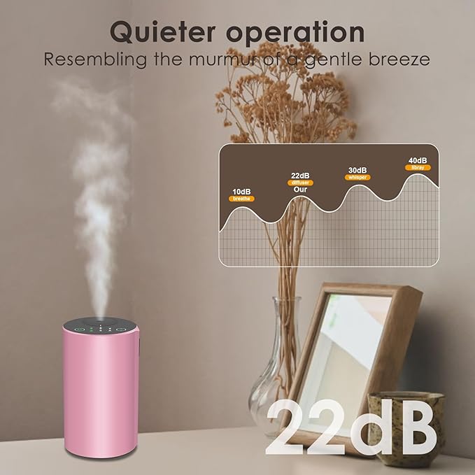 Waterless Essential Oil Diffuser, 7 Colors LED Light, Battery Powered Mini Scent Air Machine, Aromatherapy Mist Diffuser for Home Room Car Office，Black Aluminum Alloy (Pink)
