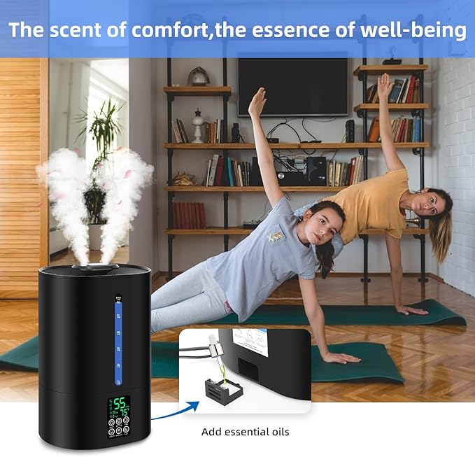 Coolfiqu 6L Humidifiers for Bedroom Large Room Home, Cool and Warm Humidifier for Plants Mist Top Fill Desk Humidifier Essential Oil Diffuser, Quiet Humidifiers with Adjustable Mist,360°Nozzle-Black