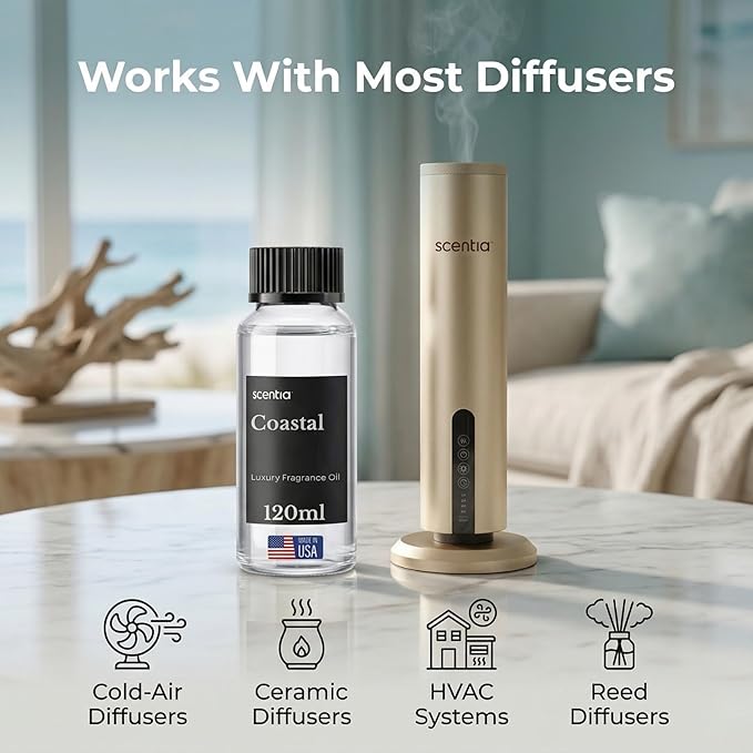 Scentia Coastal (Cabana) Diffuser Oil Refill – Hotel Fragrance Oil Inspired by 5-Star Spa – 120 mL – Jasmine, Bergamot & Sea Breeze Long-Lasting Scent for Ultrasonic & Waterless Diffusers, Made in USA