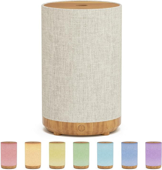 Essential Oil Diffuser with Fabric Cover, Small Portable Aroma Diffuser for Home 120ml, Ultrasonic Aromatherapy Oil Diffuser with 7 Colors LED, Auto Shut-Off Function, Mini Humidifier for Bedroom