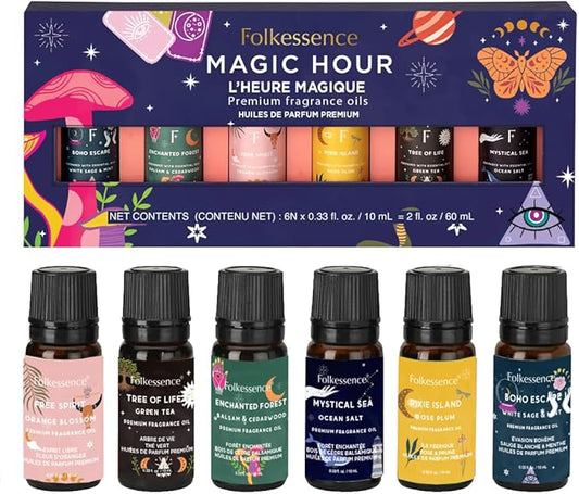 Folkulture Essential Oils Set for Diffuser | Set of 6 Fragrance Oils for Relaxation, Meditation & Wellness | Aromatherapy Scents – White Sage, Green Tea, Cedarwood, Rose, Orange & More | Magic Hour