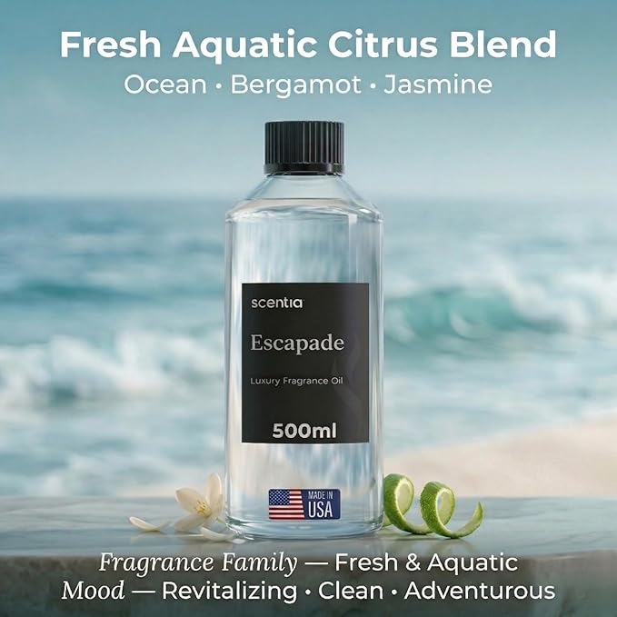 Scentia Escapade Diffuser Oil for HVAC Scent Machine – Hotel Fragrance Inspired by 5-Star Resort – 500 mL – Jasmine, Bergamot & Marine Oil for Commercial & Cold Air Diffusers, Made in USA