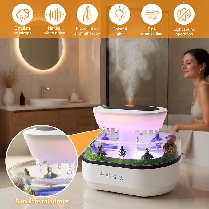 Cloud Rain Humidifier Water Drip, 7 Colors Rainfall Humidifier with Rain Sounds, 250ml Raindrop Essential Oil Aromatherapy Diffuser for Bedroom, Office, Silent Rain Lamp, Timing, Auto-Off