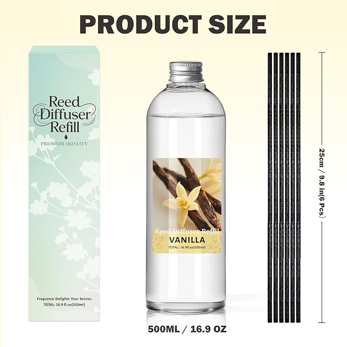SCENTORINI Reed Diffuser Oil Refill, 16.9oz Natural Vanilla Scented Essential Oil with 6 Sticks, Long Lasting Home Fragrance for Large Space, Bathroom, Spa Room Aromatherapy, Hotel & Office Decor