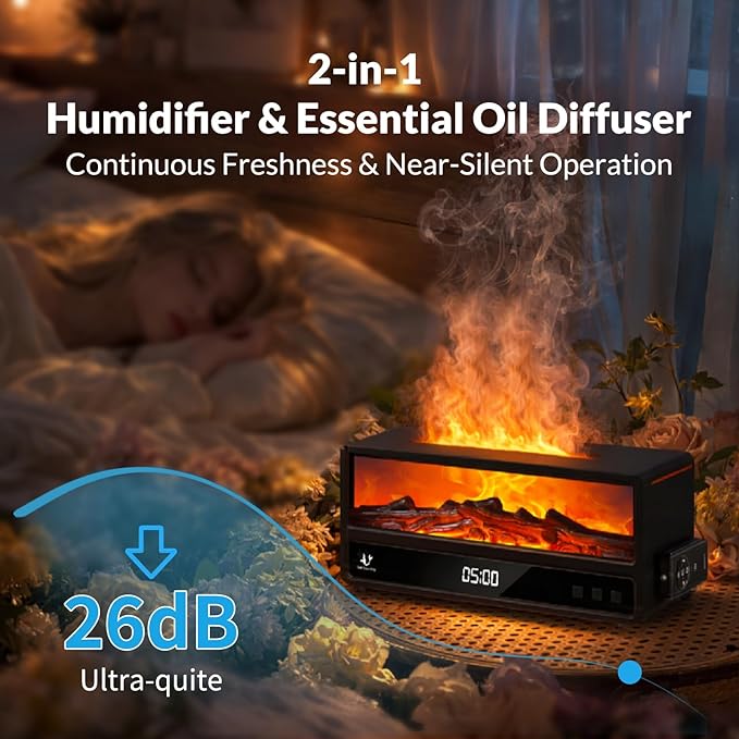 Fireplace Flame Humidifier with Magnetic Remote, 250ml Flame Diffuser, 7-Color Ambient Light, Quiet Aromatherapy Humidifier for Bedroom & Home Decor（matte black）