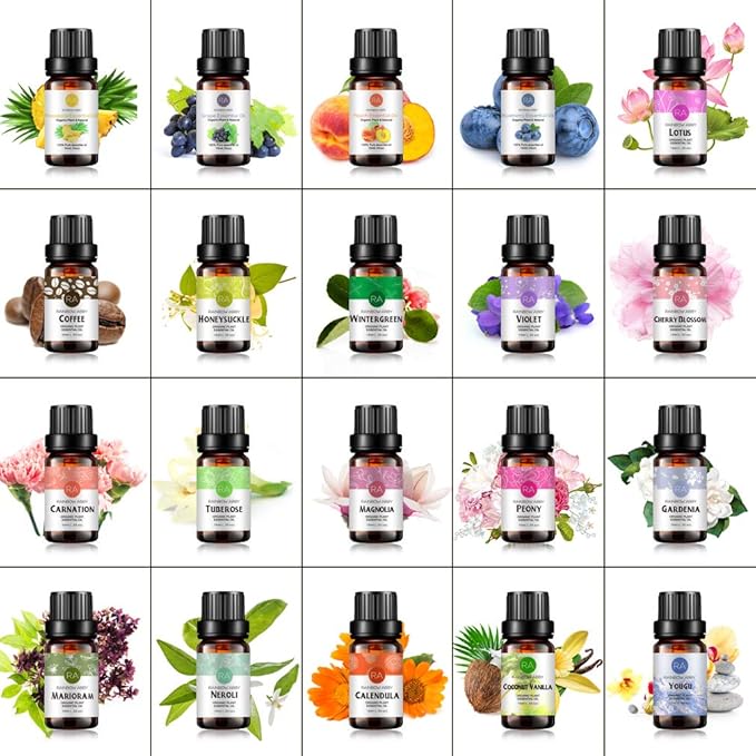 20-Pack 100% Pure Essential Oil Set(Blueberry,Neroli,Coffee,Lotus,Peach,CherryBlossom,Calendula,Marjoram,Grape,Magnolia,Tuberose,Honeysuckle,Peony,Coconut Vanilla,Violet and Others)